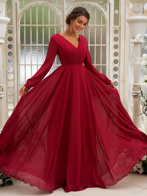 Chiffon Ruched Long V-neck Sleeves A-Line/Princess Floor-Length Bridesmaid Dresses