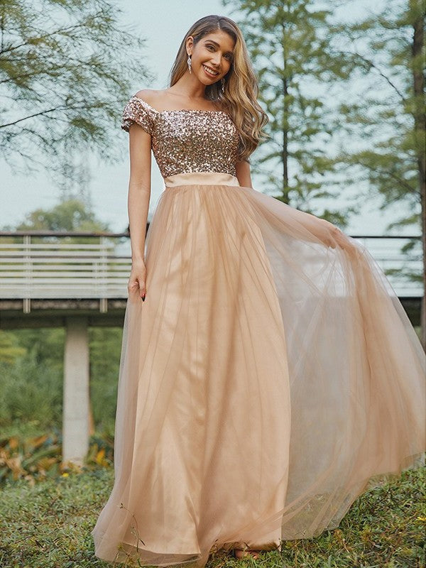 A-Line/Princess Sleeveless Off-the-Shoulder Tulle Sequin Floor-Length Bridesmaid Dresses