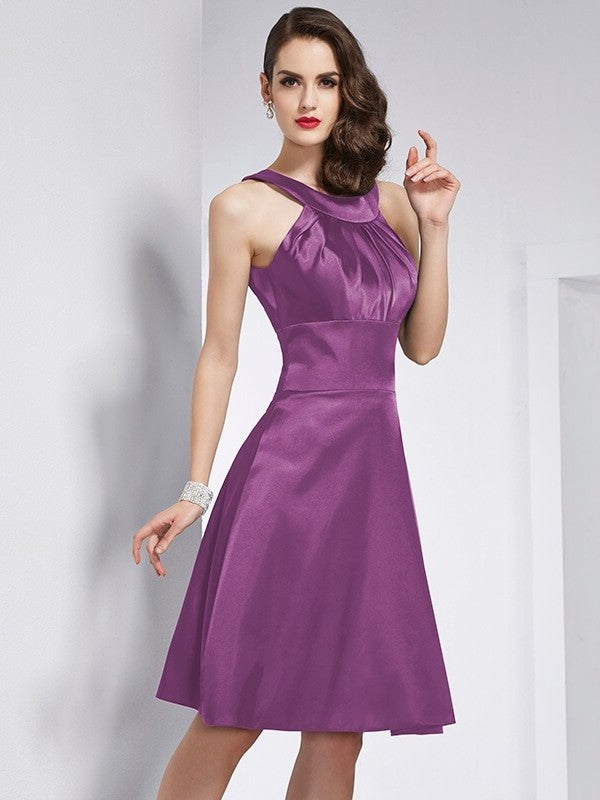 Short Elastic Woven Pleats Sleeveless Scoop A-Line/Princess Satin Bridesmaid Dresses