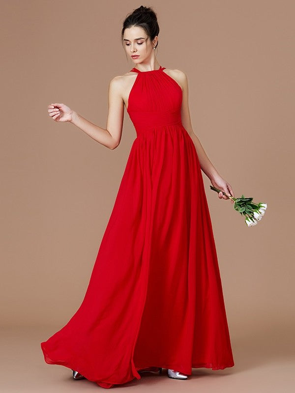 A-Line/Princess Floor-Length Ruched Sleeveless Halter Chiffon Bridesmaid Dresses