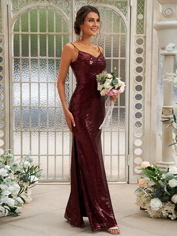 Sequins Straps Sleeveless Ruched Sheath/Column Spaghetti Floor-Length Bridesmaid Dresses