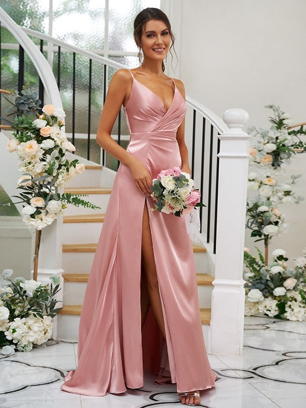 V-neck A-Line/Princess Silk Sleeveless like Satin Ruched Floor-Length Bridesmaid Dresses