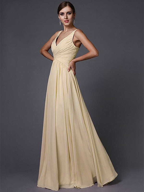 A-Line/Princess Ruffles V-neck Sleeveless Long Chiffon Bridesmaid Dresses