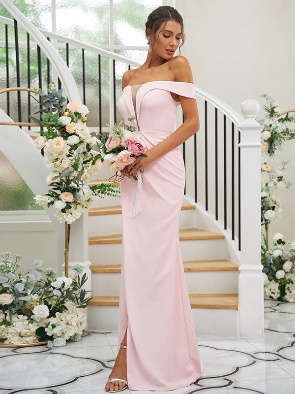 Sweep/Brush Crepe Sleeveless Sheath/Column Off-the-Shoulder Ruched Stretch Train Bridesmaid Dresses