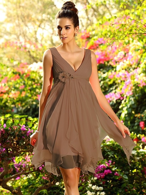 Ruffles Sleeveless A-Line/Princess Short V-neck Chiffon Bridesmaid Dresses