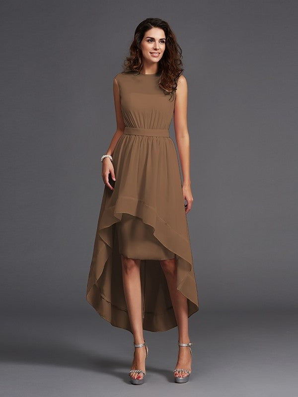 High Scoop Sash/Ribbon/Belt Sleeveless A-Line/Princess Low Chiffon Bridesmaid Dresses