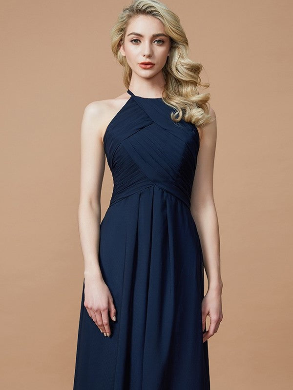 Sleeveless Ruched Floor-Length Halter A-Line/Princess Chiffon Bridesmaid Dresses