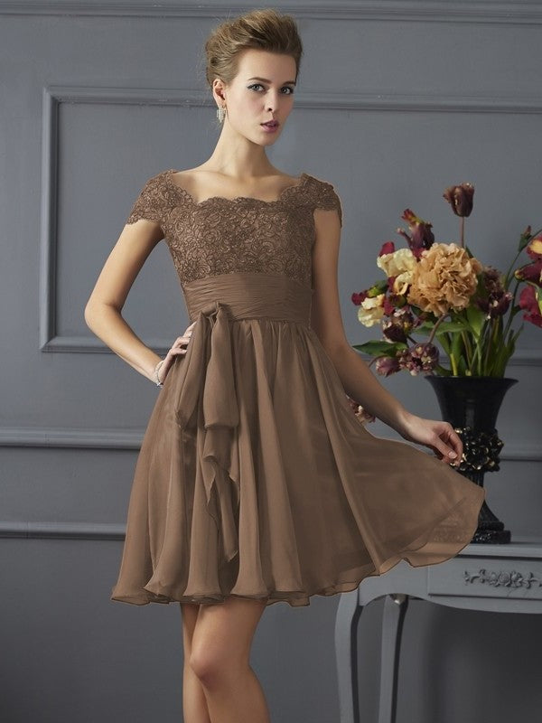 Sleeves Scoop A-Line/Princess Lace Short Short Chiffon Bridesmaid Dresses