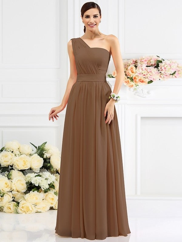 One-Shoulder Pleats A-Line/Princess Long Sleeveless Chiffon Bridesmaid Dresses