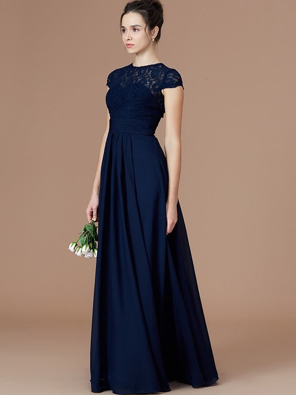 Floor-Length Sleeves Lace A-Line/Princess Short Jewel Chiffon Bridesmaid Dresses