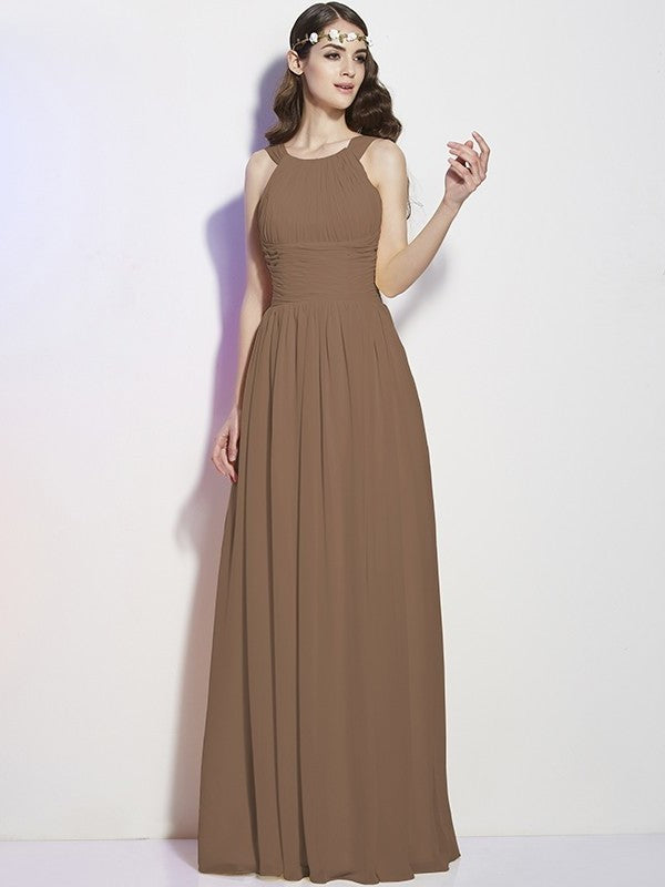 Bateau Long Pleats A-Line/Princess Sleeveless Chiffon Bridesmaid Dresses