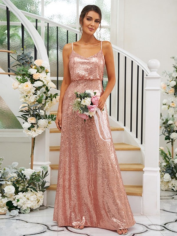 Ruched Sequins Sleeveless A-Line/Princess Straps Floor-Length Bridesmaid Dresses