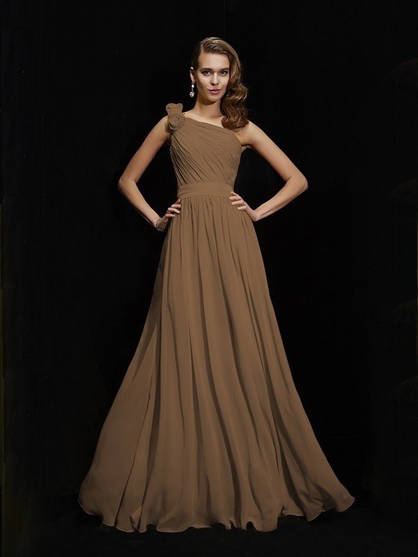 A-Line/Princess Hand-Made Sleeveless Flower One-Shoulder Long Chiffon Bridesmaid Dresses