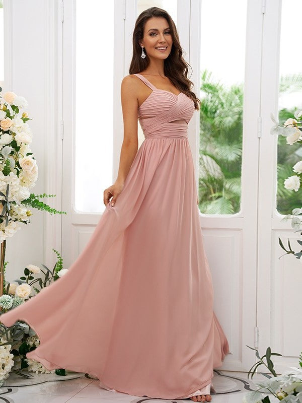 A-Line/Princess Sleeveless Straps Chiffon Ruched Floor-Length Bridesmaid Dresses