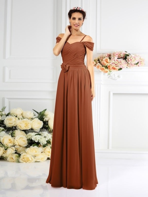 Sleeveless Long Straps Pleats A-Line/Princess Spaghetti Chiffon Bridesmaid Dresses