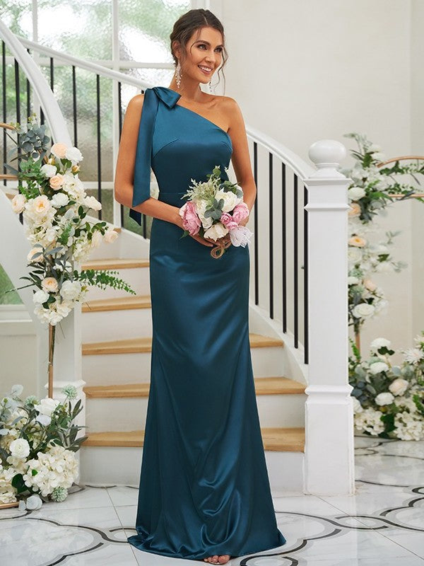 Satin Bowknot Sheath/Column Sleeveless One-Shoulder like Silk Floor-Length Bridesmaid Dresses