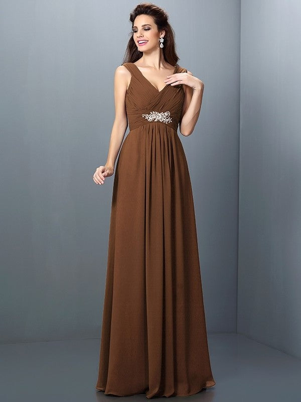 Long Sleeveless V-neck Pleats Beading A-Line/Princess Chiffon Bridesmaid Dresses