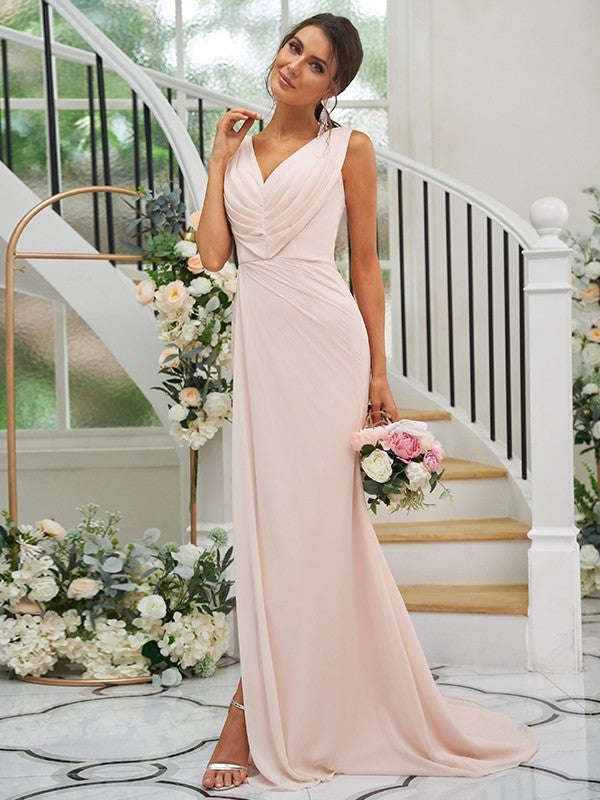 Ruched Sleeveless V-neck A-Line/Princess Sweep/Brush Chiffon Train Bridesmaid Dresses