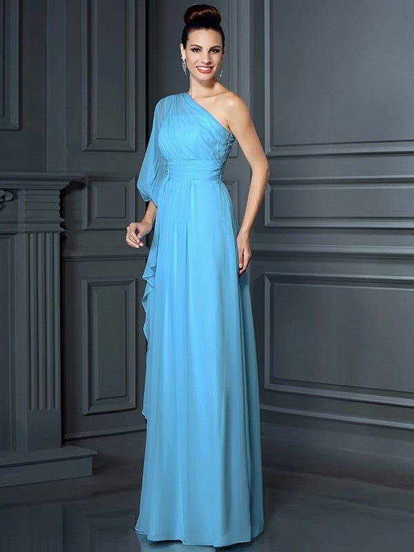 Long One-Shoulder Sleeves 3/4 Sheath/Column Chiffon Bridesmaid Dresses