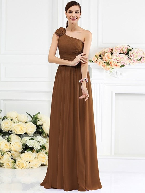 A-Line/Princess Flower Sleeveless One-Shoulder Long Pleats Hand-Made Chiffon Bridesmaid Dresses