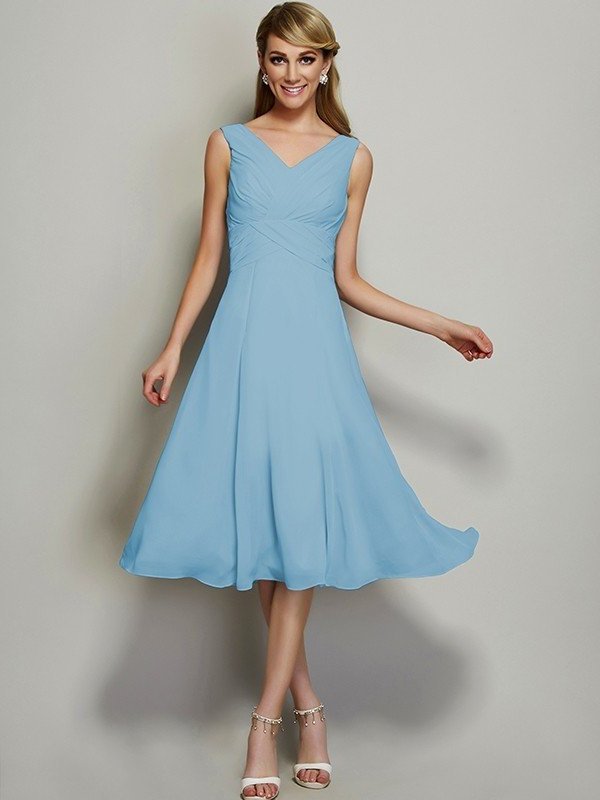 Pleats Short A-Line/Princess Sleeveless V-neck Chiffon Bridesmaid Dresses