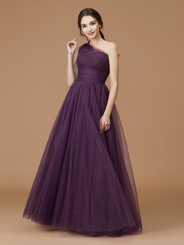 One-Shoulder Floor-Length A-Line/Princess Ruched Sleeveless Tulle Bridesmaid Dresses