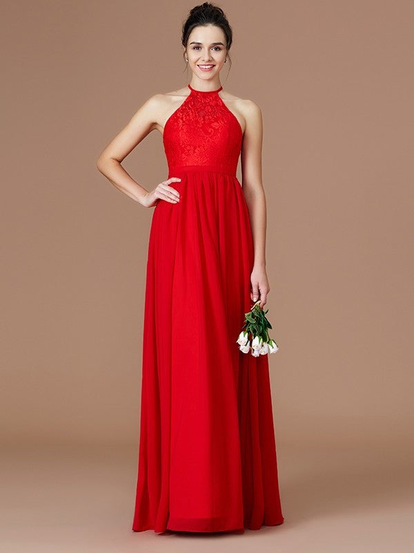 Lace Sleeveless Floor-Length Halter A-Line/Princess Chiffon Bridesmaid Dresses