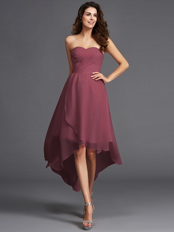 Sweetheart Low High Ruffles A-Line/Princess Sleeveless Chiffon Bridesmaid Dresses