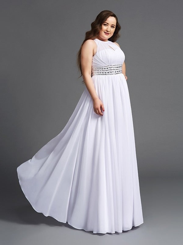 Sleeveless Chiffon Long Beading A-Line/Princess Jewel Plus Size Dresses