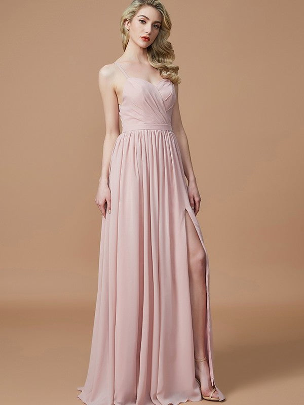 A-Line/Princess Ruched Spaghetti Sleeveless Floor-Length Straps Chiffon Bridesmaid Dresses