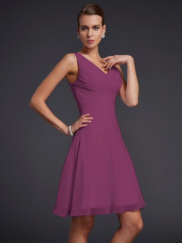 Pleats Short A-Line/Princess Sleeveless V-neck Chiffon Bridesmaid Dresses