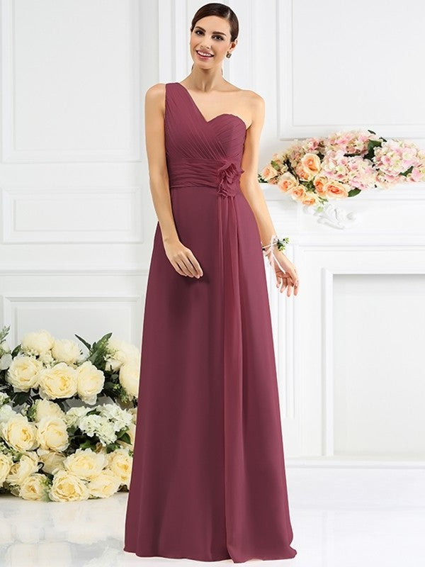 Pleats Sleeveless One-Shoulder Long A-Line/Princess Chiffon Bridesmaid Dresses