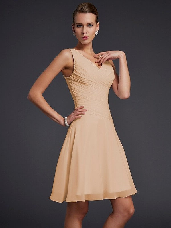 Pleats Short A-Line/Princess Sleeveless V-neck Chiffon Bridesmaid Dresses