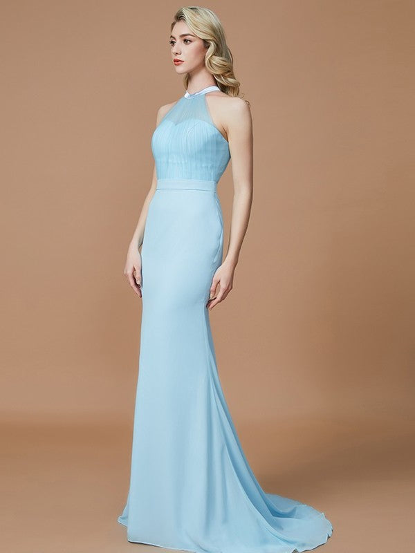 Trumpet/Mermaid Train Sweep/Brush Sleeveless Scoop Chiffon Bridesmaid Dresses