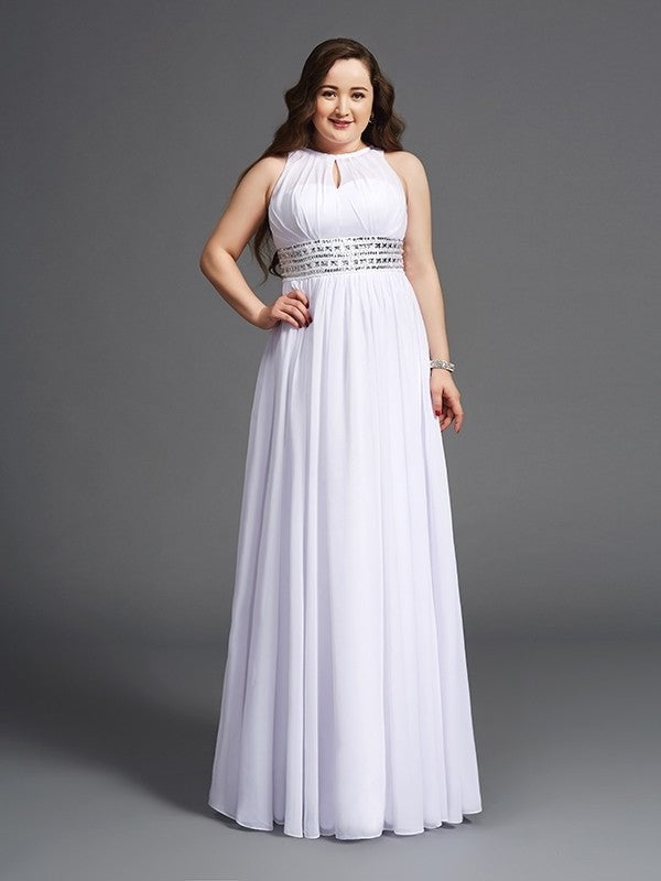 Sleeveless Chiffon Long Beading A-Line/Princess Jewel Plus Size Dresses