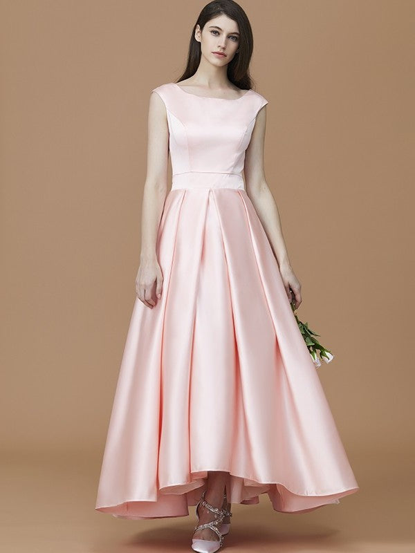 Asymmetrical Sleeveless A-Line/Princess Ruffles Bateau Satin Bridesmaid Dresses