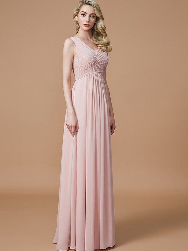 Floor-Length A-Line/Princess V-neck Ruched Sleeveless Chiffon Bridesmaid Dresses