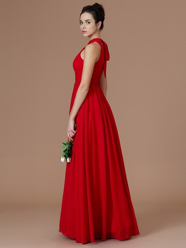 A-Line/Princess Halter Sleeveless Floor-Length Ruched Chiffon Bridesmaid Dresses