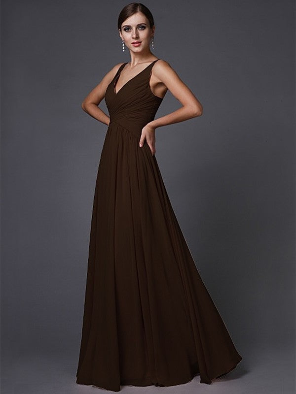 A-Line/Princess Ruffles V-neck Sleeveless Long Chiffon Bridesmaid Dresses