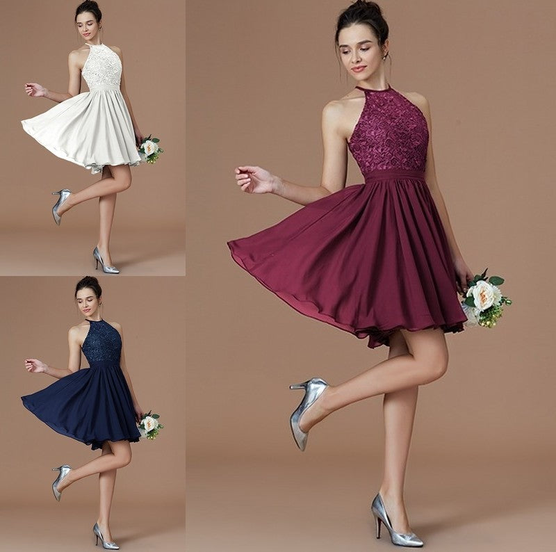 Short/Mini A-Line/Princess Sleeveless Halter Lace Chiffon Bridesmaid Dresses