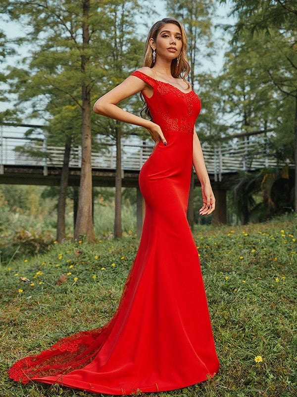 Applique Jersey Sheath/Column Off-the-Shoulder Sleeveless Sweep/Brush Train Bridesmaid Dresses