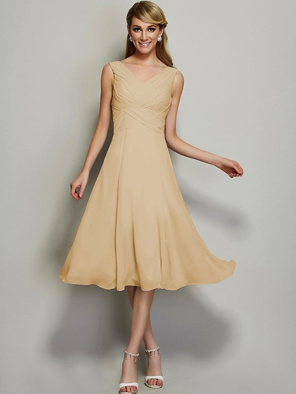 Pleats Short A-Line/Princess Sleeveless V-neck Chiffon Bridesmaid Dresses