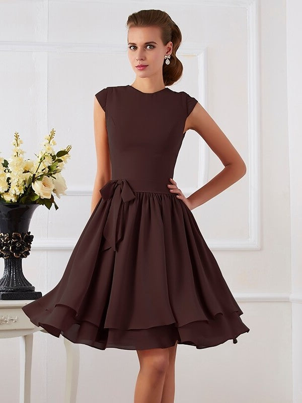 Sleeveless Short Neck High Sash/Ribbon/Belt Sheath/Column Chiffon Bridesmaid Dresses