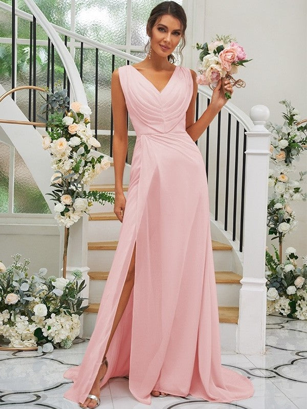 Ruched Sleeveless V-neck A-Line/Princess Sweep/Brush Chiffon Train Bridesmaid Dresses