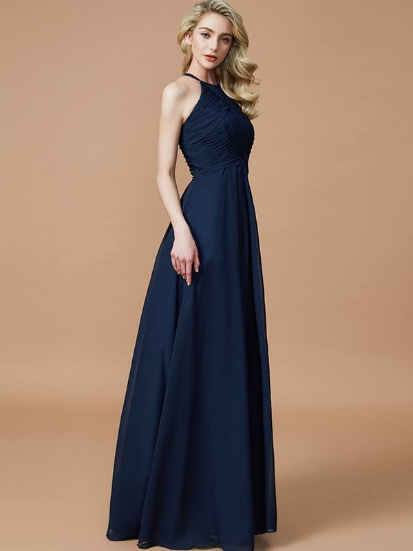 Sleeveless Ruched Floor-Length Halter A-Line/Princess Chiffon Bridesmaid Dresses