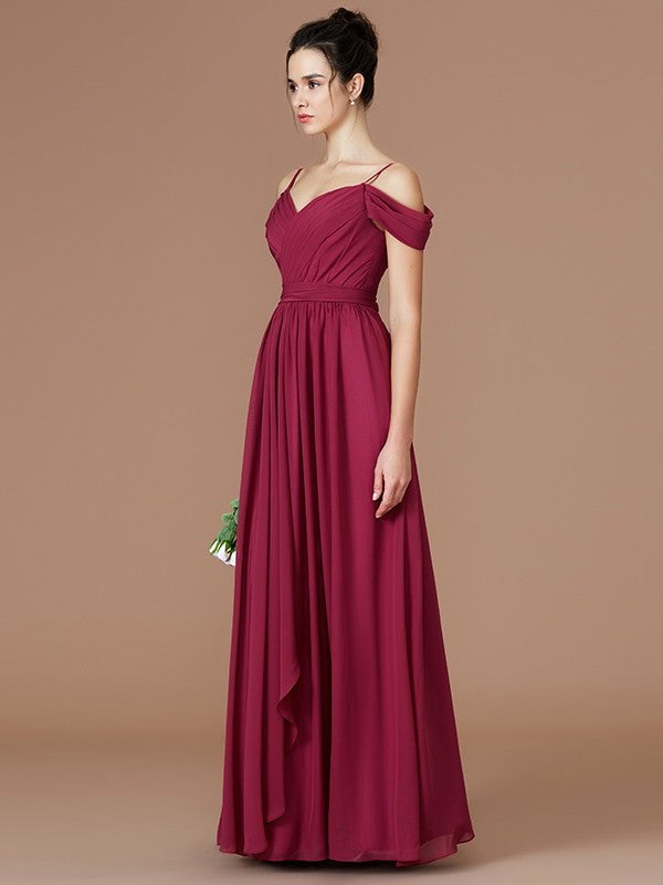 A-Line/Princess Ruched Off-the-Shoulder Sleeveless Floor-Length Chiffon Bridesmaid Dresses