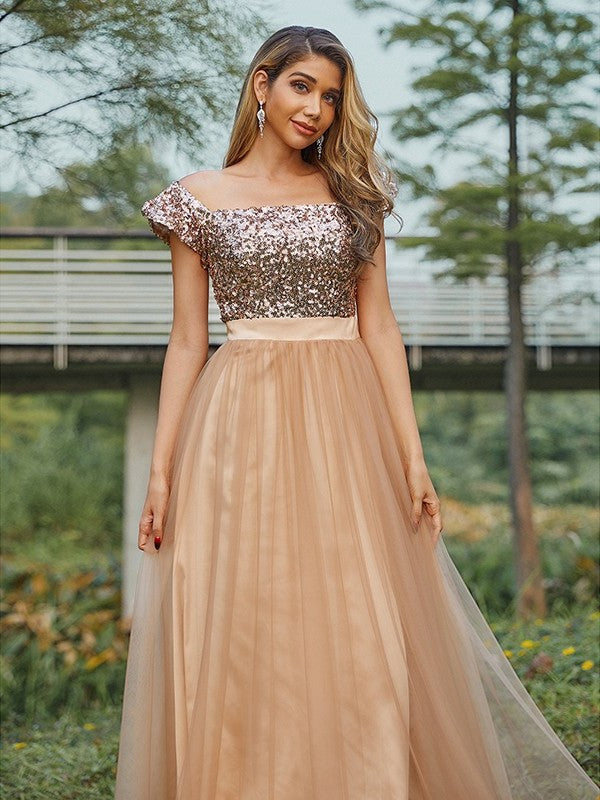 A-Line/Princess Sleeveless Off-the-Shoulder Tulle Sequin Floor-Length Bridesmaid Dresses