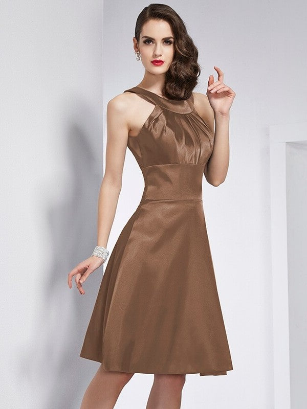 Short Elastic Woven Pleats Sleeveless Scoop A-Line/Princess Satin Bridesmaid Dresses