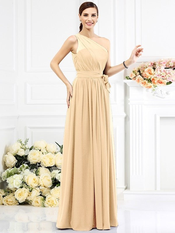 Long One-Shoulder Sash/Ribbon/Belt Sleeveless A-Line/Princess Chiffon Bridesmaid Dresses