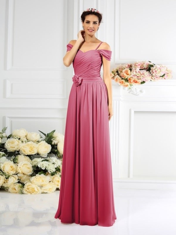 Sleeveless Long Straps Pleats A-Line/Princess Spaghetti Chiffon Bridesmaid Dresses